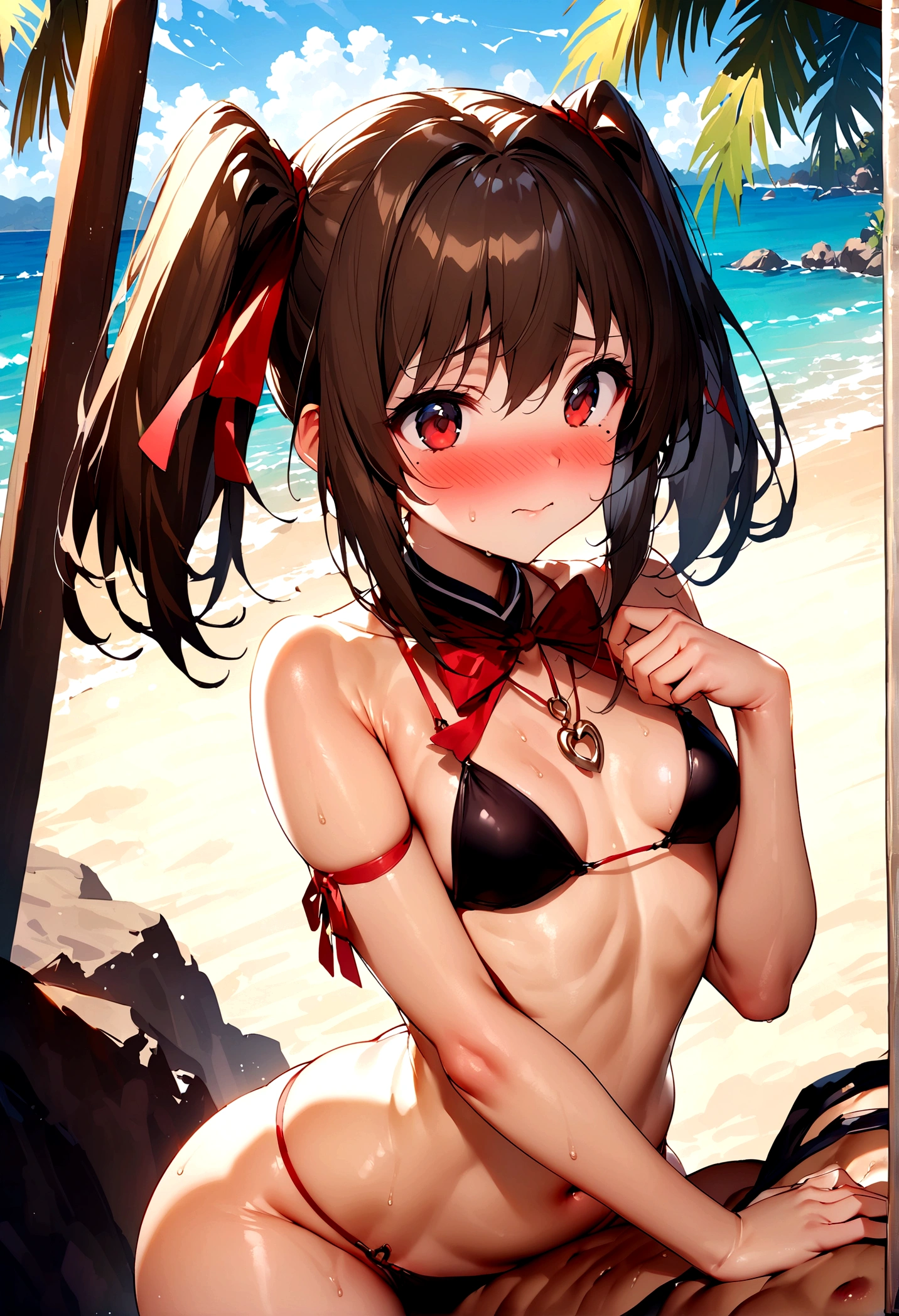 NSFW,masterpiece,Highest quality,High resolution,Super detailed,Nekone \(Utawarerumono\),Brown Hair、(Red Eye:1.3)、ribbon,Twin tails、ヘアribbon、Mole、目の下のMole,Small breasts,Japanese style,High quality sexy bikini,beach,Palm tree,Rock Shade,Embarrassed,blush,(Seduce),(Strong-faced men),A man rubs my buttocks