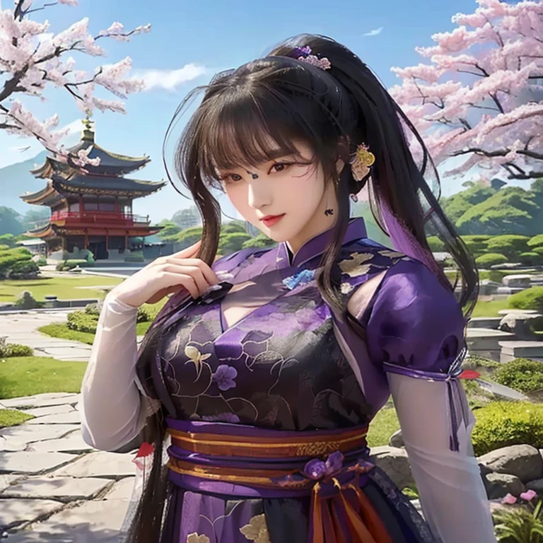 a woman in a purple dress standing in front of a pagoda, keqing from genshin impact, ayaka genshin impact, zhongli from genshin impact, palace ， a girl in hanfu, sakimi chan, artwork in the style of guweiz, ayaka game genshin impact, detailed anime character art, beautiful alluring anime woman