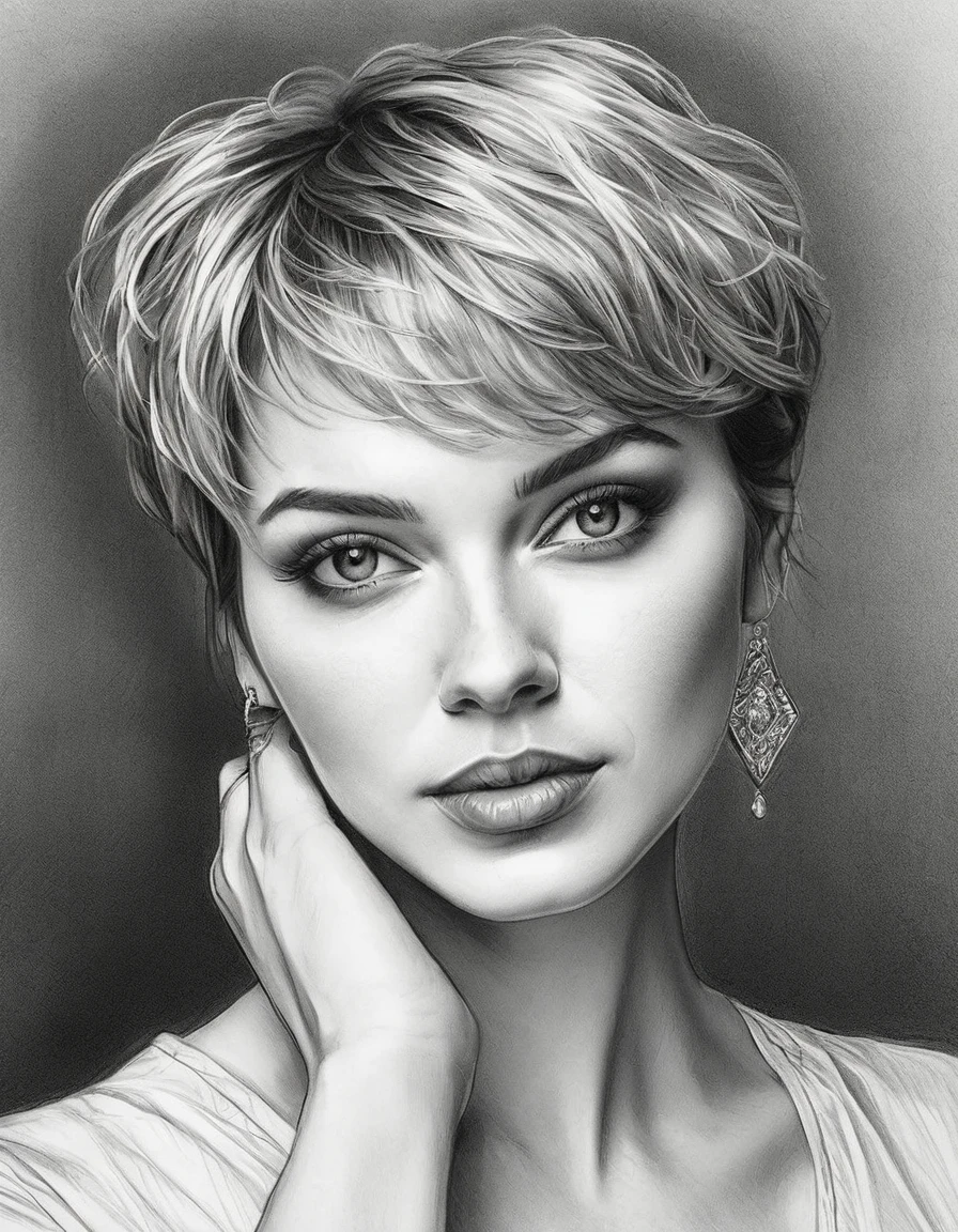 a drawing of a woman with short hair and simple earrings, detailed beauty portrait, detailed beautiful portrait, realistic pencil drawing, extremely detailed woman, elegant digital painting, detailed woman, detailed illustration portrait, epic portrait illustration, stunning drawing, beautiful drawing style, beautiful beautiful digital art, Bela arte UHD 4K, realistic sketch, elegant drawing, high quality sketch art