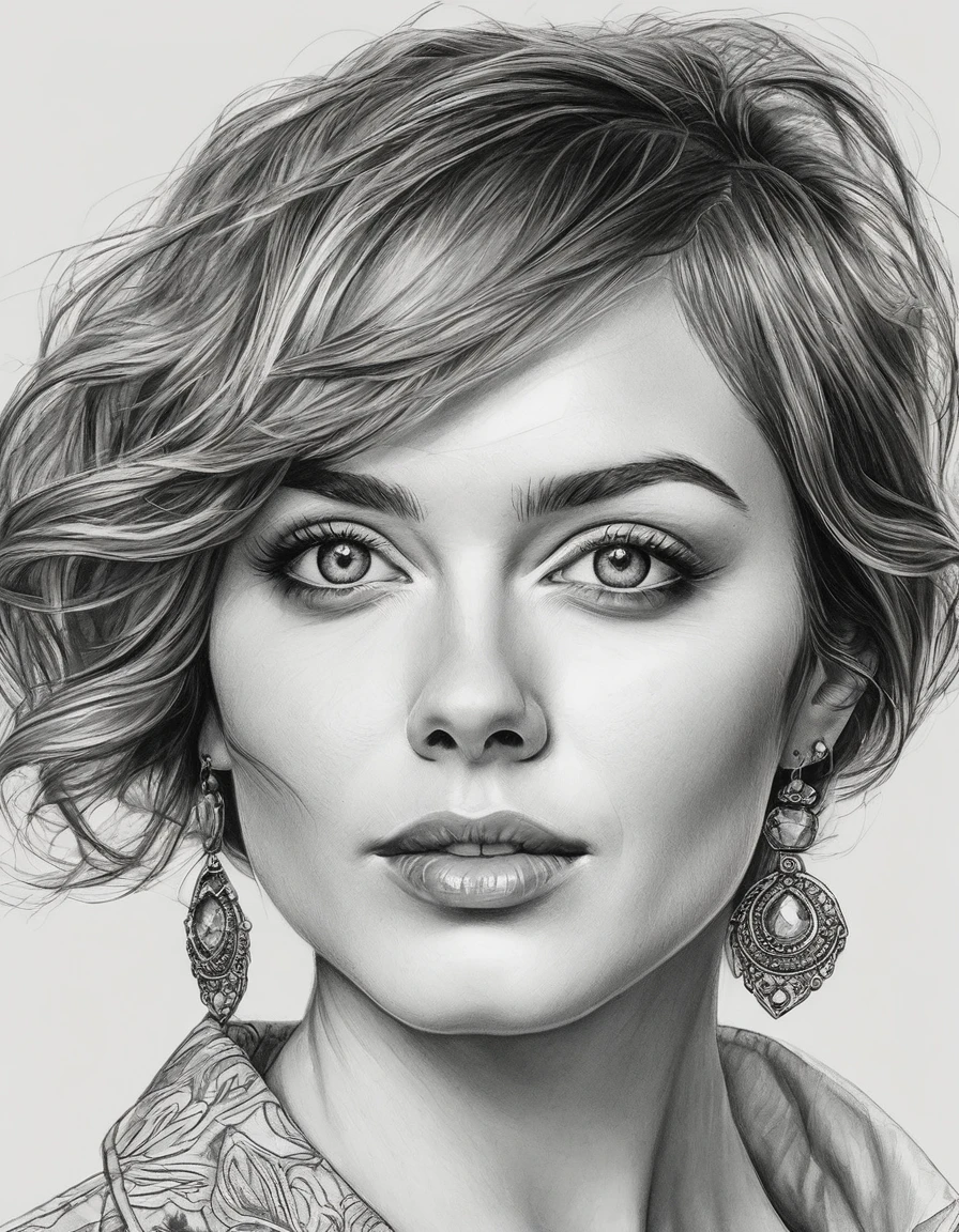 a drawing of a woman with short hair and simple earrings, detailed beauty portrait, detailed beautiful portrait, realistic pencil drawing, extremely detailed woman, elegant digital painting, detailed woman, detailed illustration portrait, epic portrait illustration, stunning drawing, beautiful drawing style, beautiful beautiful digital art, Bela arte UHD 4K, realistic sketch, elegant drawing, high quality sketch art