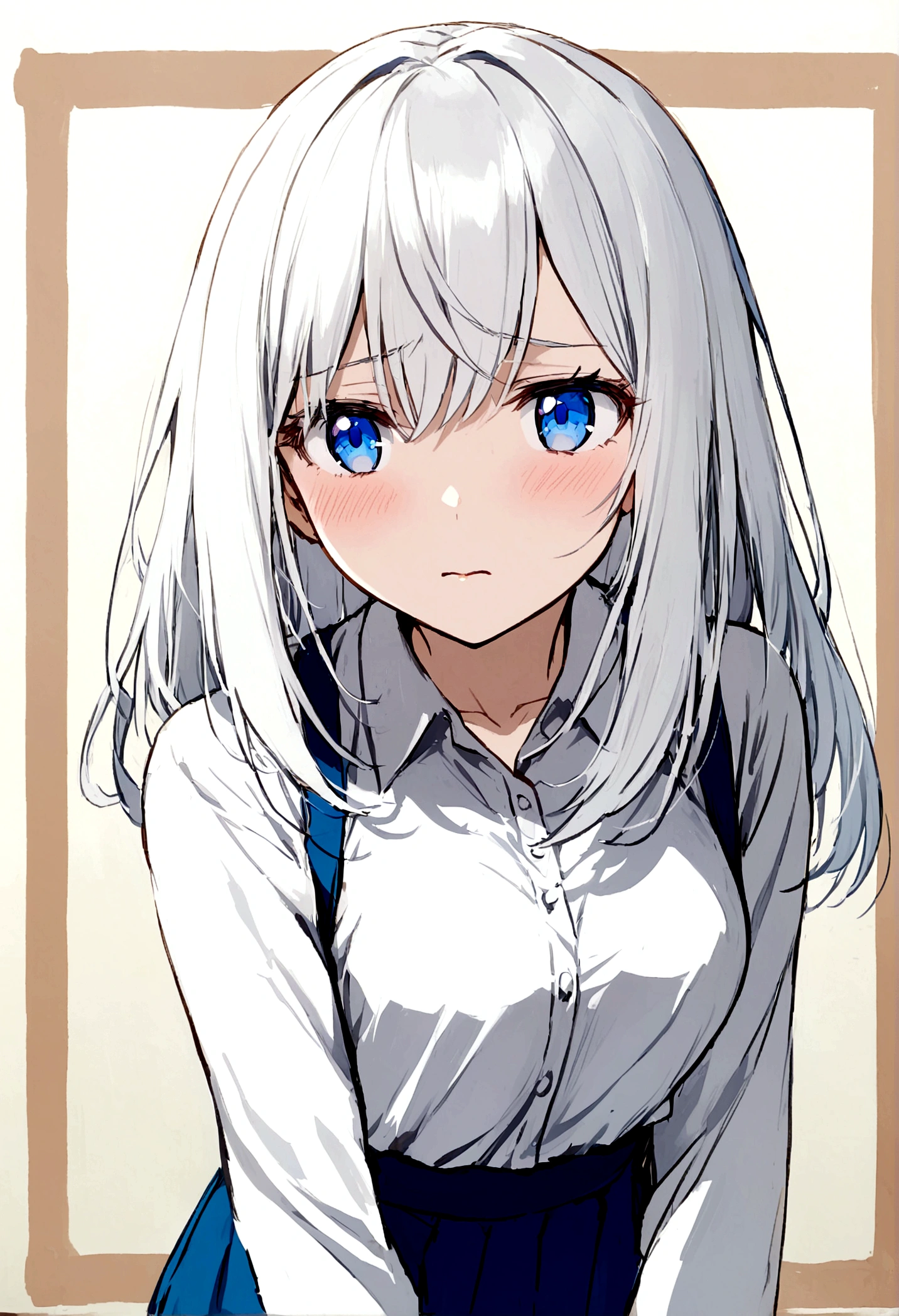 Girl anime  with blue eyes and a stern look. She wears a , has medium-length white hair, and is shy