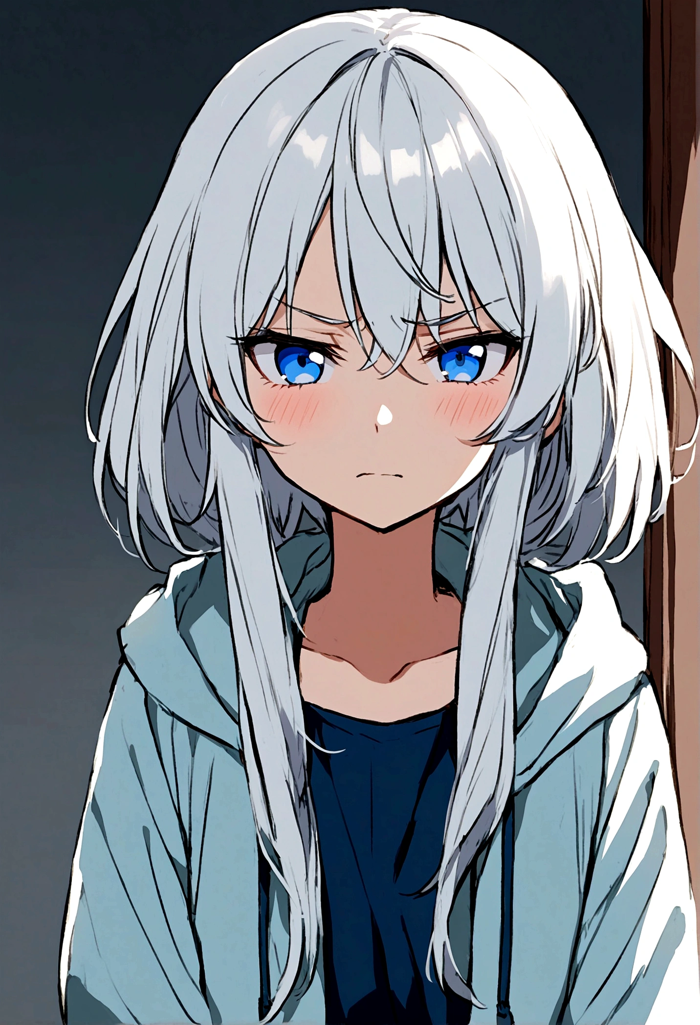 Girl anime  with blue eyes and a stern look. She wears a , has medium-length white hair, and is shy