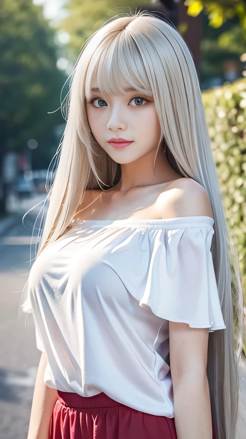Silver Shiny Hair、Super long straight silky hair、Dazzling blonde, super long, silky hair、 cute little beautiful face、Beautiful girl、A radiant blonde dancing in front of a beautiful face、length, Silky bangs that cover the area between the eyes、so beautiful, bright, big, bright青い目、Very big eyes、Hair that hides the face、Sexy and cute young woman with super long bangs、Very white skin、Cheek Gloss Highlighter、Small Face Beauty、Primary color off-shoulder t-shirt、Ample Bust