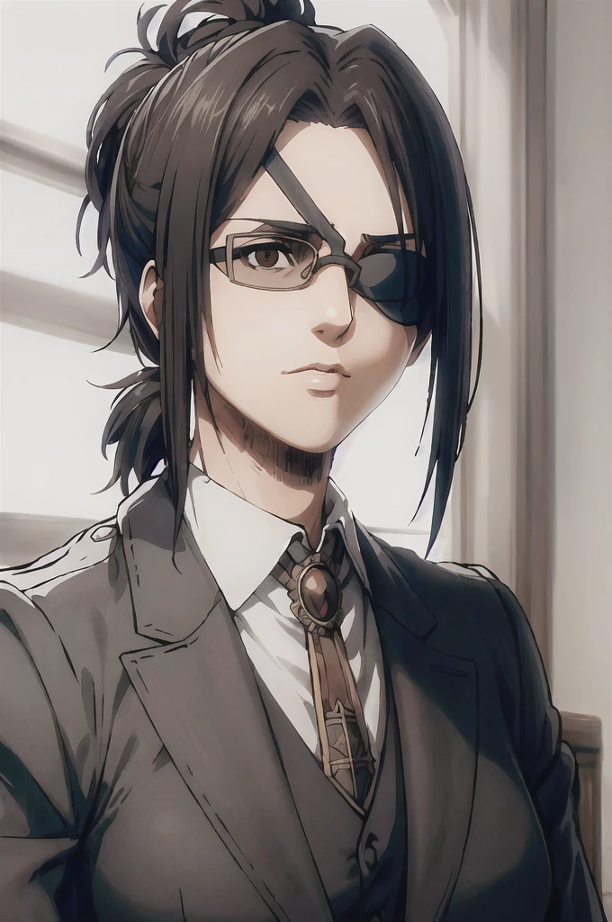 portrait of beautiful HangeAOT, 1girl, solo, black_hair, glasses, eyepatch, brown_background, volumetric lighting, best quality, masterpiece, intricate details, tonemapping, sharp focus, hyper detailed, trending on Artstation, ((traje detallado color negro)) (manos delicadas grandes sostendiendo corbata))