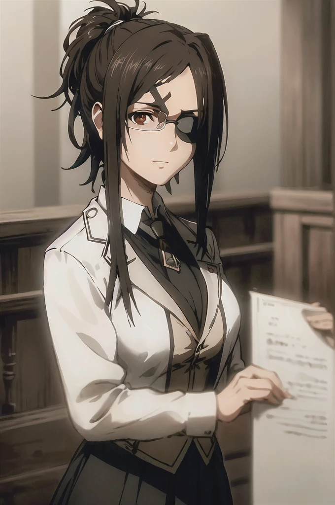 portrait of beautiful HangeAOT, 1girl, solo, black_hair, glasses, eyepatch, brown_background, volumetric lighting, best quality, masterpiece, intricate details, tonemapping, sharp focus, hyper detailed, trending on Artstation, ((traje detallado color negro)) (manos delicadas grandes sostendiendo corbata))