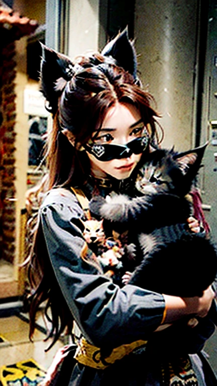 A dark gray MaineCoon cat dressed as an Aztec warrior, holding two small redhead kittens in his arms. The scene is detailed and moving, in the style of Disney stickers. --v 5 --ar 3:4