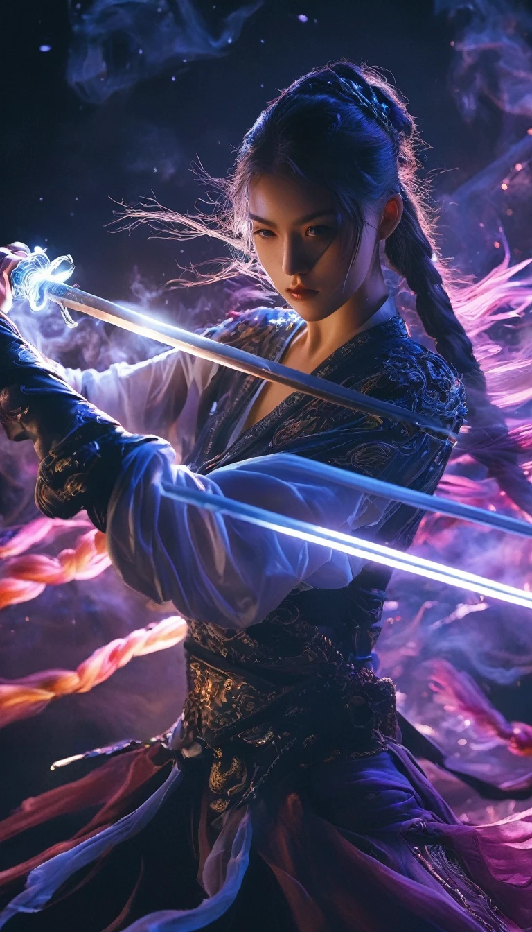upperbody Photography of female swordman，1 girl，solo，beautiful， yinji , anatomical correct:2, twin braids:3, purple hair:3，hair ornament:3, gloves, ahoge，low-tied very long hair， purple eyes，Raw, cinematic shot, (sharp focus:1.5), (photorealistic:1.4), twilight lighting, volumetric lighting, ultra high res, 16K,dramatic lighting, abstract backgrounds：1.5），Glowing sword,(Fighting posture),Hold the hilt of a sword in your hand，1sword，solo，（zentangle，datura，Tangles，entangled：0.7） , depth of field, Fantastical Atmosphere, The most beautiful form of chaos, ellegance, Dark theme of Fauvist design, Flower of Death, Flowers of ecstasy，Glowing Line,Glow Example，Tracking example，flash， Backlight，translucent，light particles，xianxia