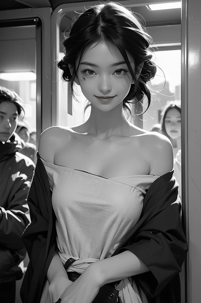 best quality, masterpiece, Ultra-high resolution, (Reality:1.4), RAW photos, ((monochrome)), ((Grayscale)), Black and White Photography, Street Photography, Popular on Flickr, 1 Girl, Off-shoulder, in the darkness, Deep Shadows, Low profile, Cold Light, In-depth contrast, Bokeh, Depth of Field, (Looking at the audience, Smile gently), A photo of a person holding a mobile phone in a subway car, Graffiti all over the wall, Drew Tucker, Award-winning photos, Black and white photo, New Doctrine, Background crowd, People in the background, ((Upper Body)), ((Direct)),