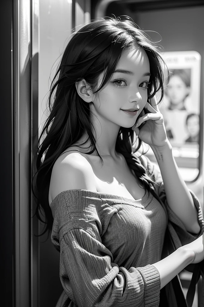 best quality, masterpiece, Ultra-high resolution, (Reality:1.4), RAW photos, ((monochrome)), ((Grayscale)), Black and White Photography, Street Photography, Popular on Flickr, 1 Girl, Off-shoulder, in the darkness, Deep Shadows, Low profile, Cold Light, In-depth contrast, Bokeh, Depth of Field, (Looking at the audience, Smile gently), A photo of a person holding a mobile phone in a subway car, Graffiti all over the wall, Drew Tucker, Award-winning photos, Black and white photo, New Doctrine, Background crowd, People in the background, ((Upper Body)), ((Direct)),