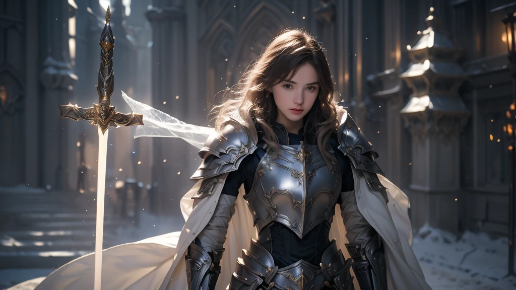 ((Super Practical photo)) ((super Practical photography)), (Practical) "young paladin (17 years old) Holding a shining sword, Emits powerful light magic. The scene is set in a dark and mysterious urban landscape, Illuminated by the light of the Paladin's Sword. This work has been carefully crafted, The attention to detail and lighting is amazing. The overall aesthetic is reminiscent of Fujifilm photography, Capture the beauty and depth of a scene. super, Small waist"