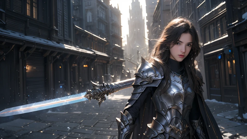 ((Super Practical photo)) ((super Practical photography)), (Practical) "young paladin (17 years old) Holding a shining sword, Emits powerful light magic. The scene is set in a dark and mysterious urban landscape, Illuminated by the light of the Paladin's Sword. This work has been carefully crafted, The attention to detail and lighting is amazing. The overall aesthetic is reminiscent of Fujifilm photography, Capture the beauty and depth of a scene. super, Small waist"