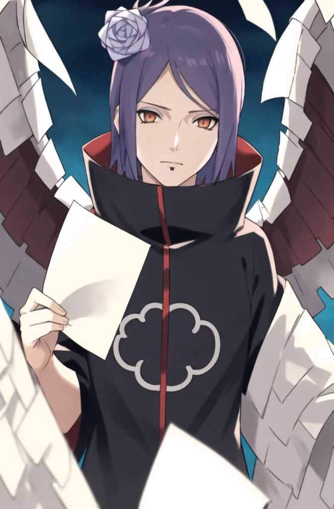 konan \(naruto\), solo, looking_at_viewer, 1girl, closed_mouth, paper wings, akatsuki outfit, paper jutsu, labret piercing,