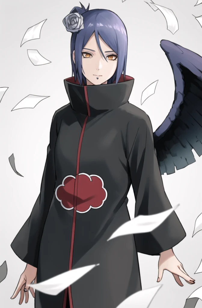konan \(naruto\), solo, looking_at_viewer, 1girl, closed_mouth, paper wings, akatsuki outfit, paper jutsu, labret piercing,