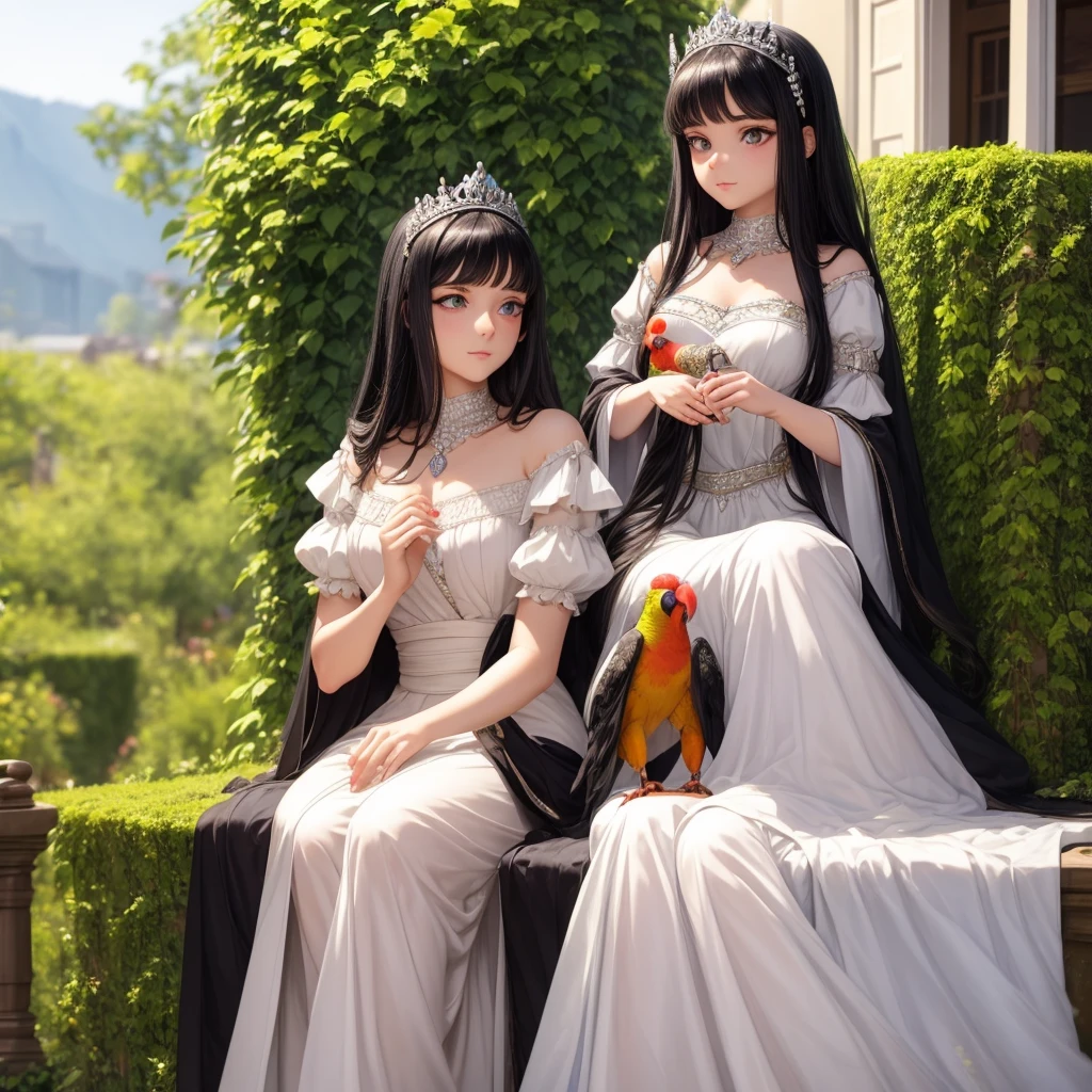 A beautiful princess with black hair, hazel eyes, and white skin. She is sitting in the garden, wearing beautiful clothes, and holding a parrot in her hand.