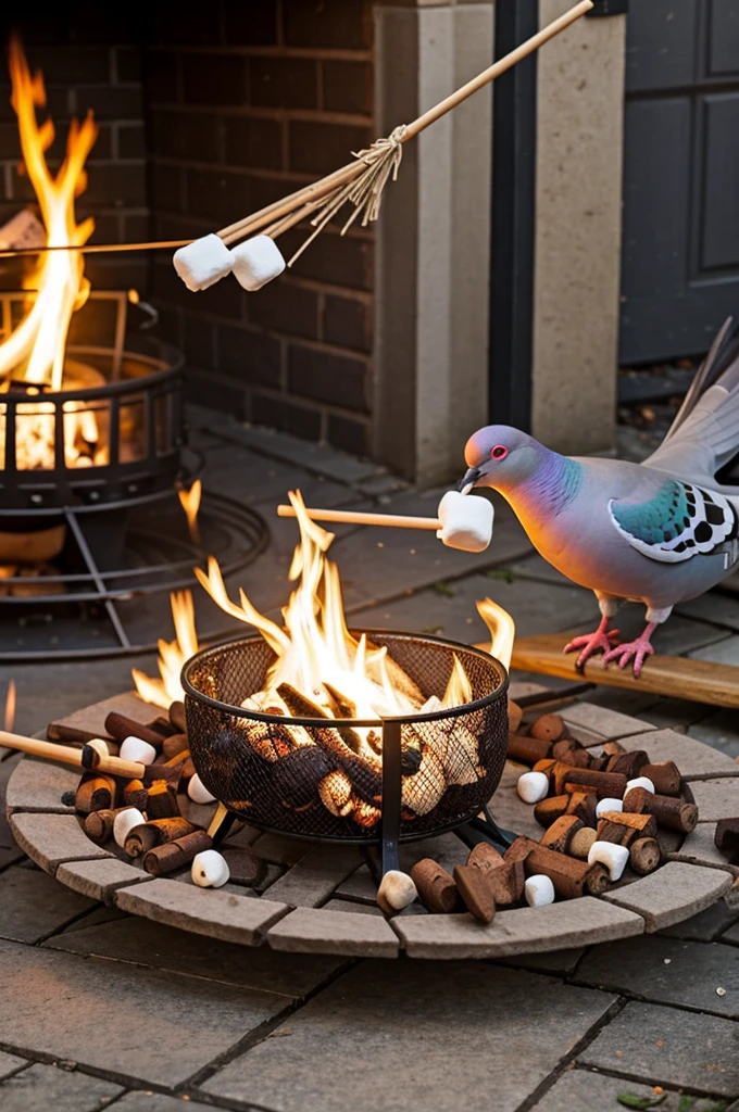 pigeon roasting marshmallows on a stick