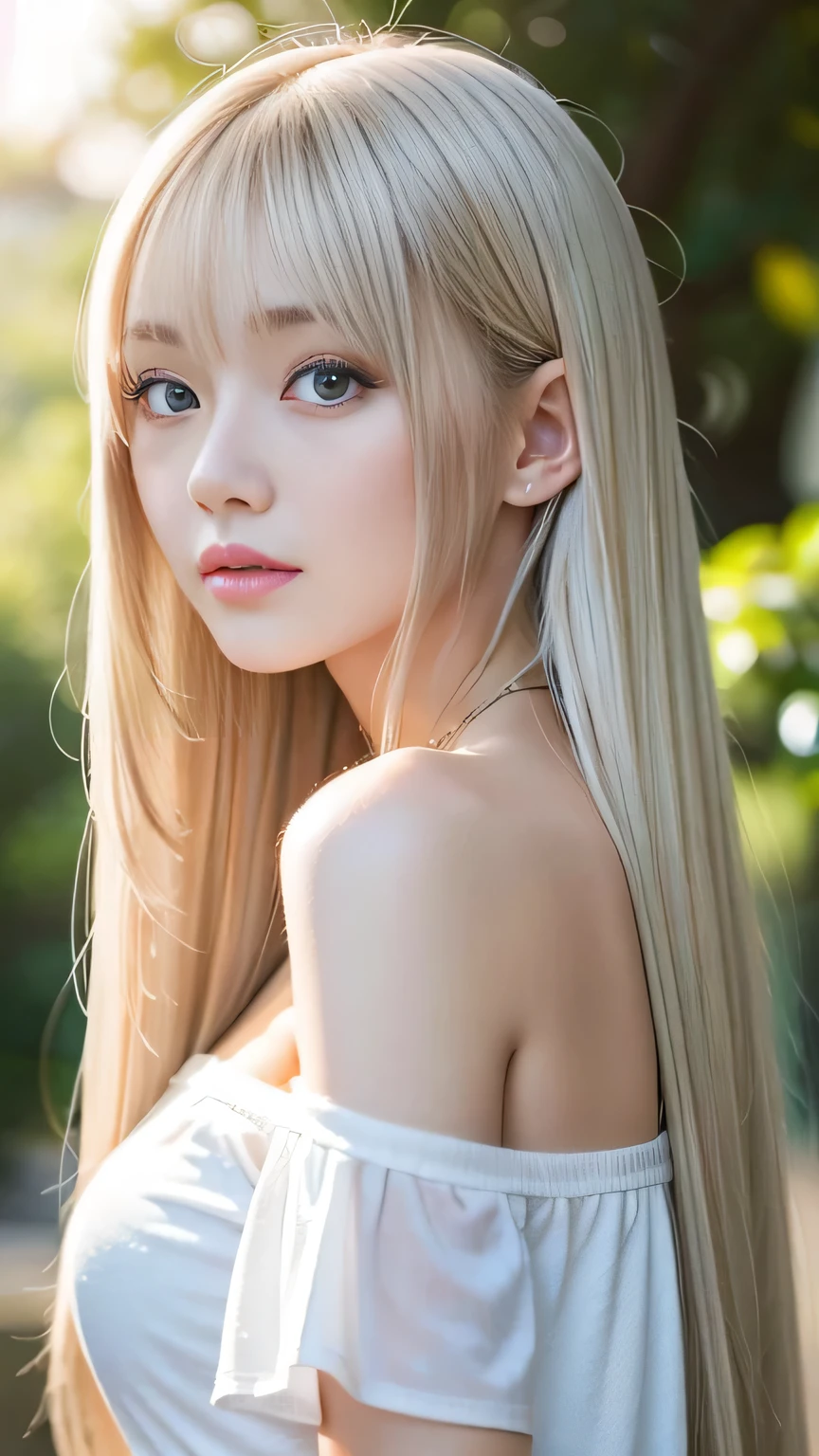 Silver Shiny Hair、Super long straight silky hair、Dazzling blonde, super long, silky hair、16 year old cute little beautiful face、Beautiful girl、A radiant blonde dancing in front of a beautiful face、length, Silky bangs that cover the area between the eyes、so beautiful, bright, big, bright青い目、Very big eyes、Hair that hides the face、Sexy and cute young woman with super long bangs、Very white skin、Cheek Gloss Highlighter、Small Face Beauty、Primary color off-shoulder t-shirt、Ample Bust