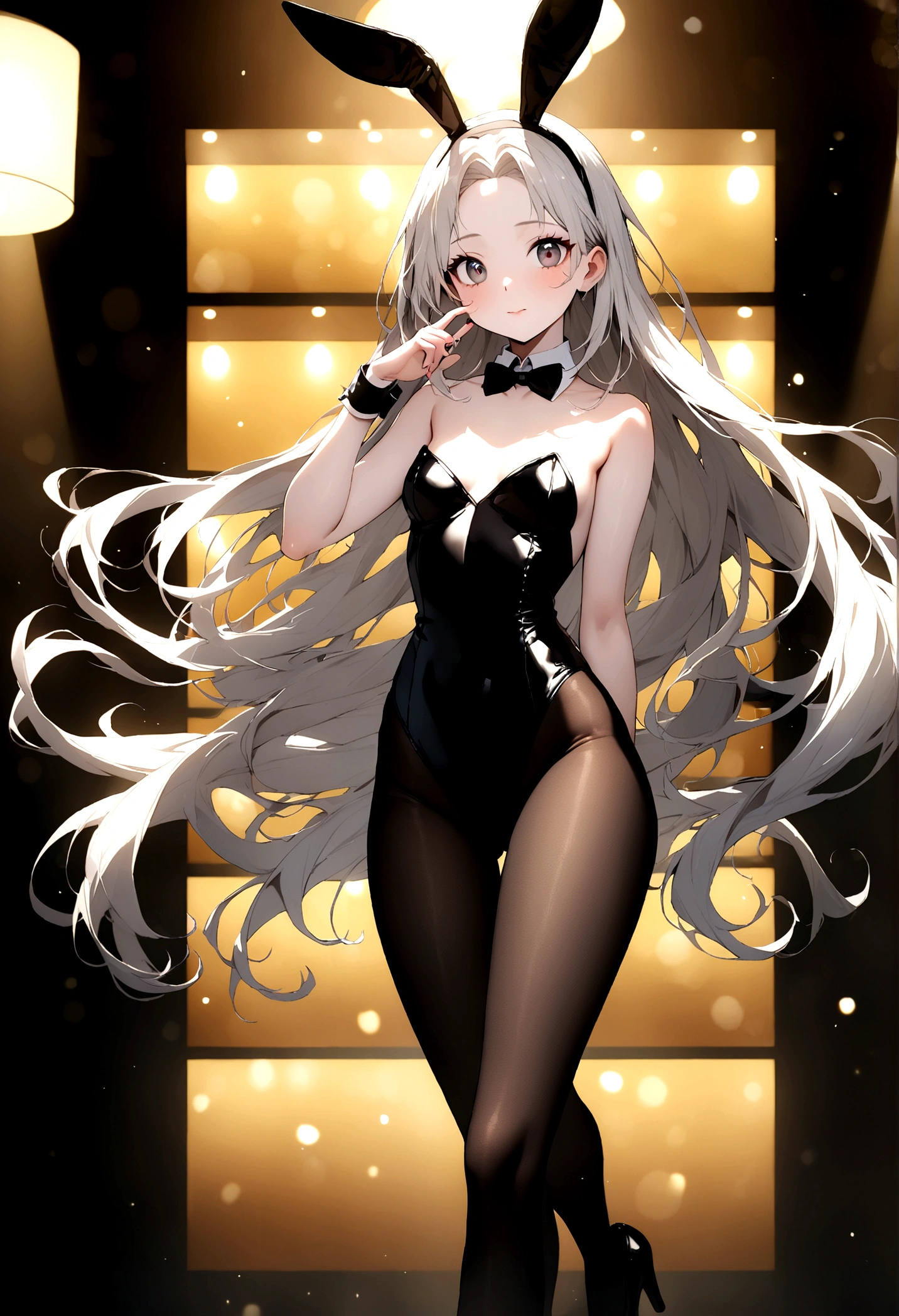 masterpiece, Highest quality, High resolution, Urine 1, Myolin Remblanc, Asticasia ,Being seen by many, Long Hair, Grey Eyes, Grey Hair,Ahoge、 bangs, Hair between the eyes, Black Pantyhose, Floating Hair, red tie, Medium chest, Hands on hips, smile.naked、全naked、Embarrassing