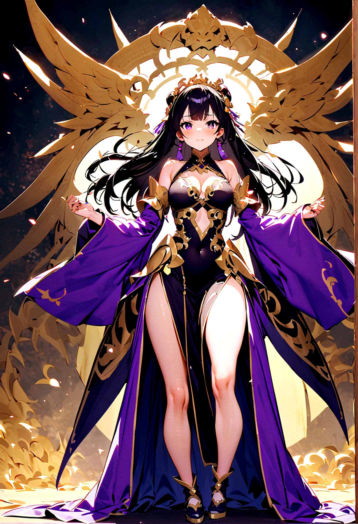 generates 1 perfect full-length image of a beautiful queen, fairy with a beautiful face, golden eyes, long black hair, medium breasts, thick thighs, fairy wings, elegant golden shoes, wide yellow dress, elegant pose, standing in the throne room, mischievous look, mischievous smile, inviting the viewer,