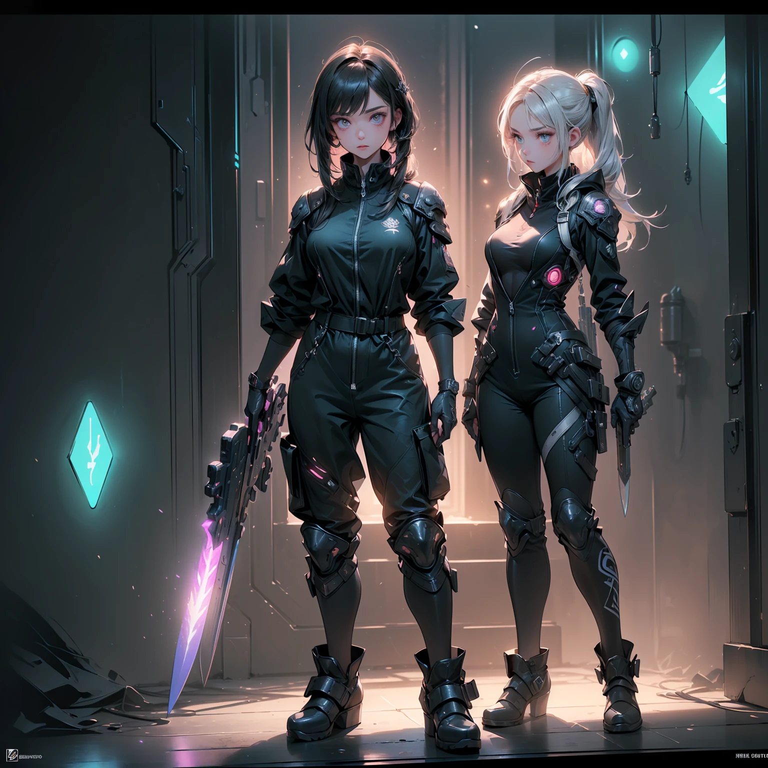 Design a layout showcase Gaming character, (1girl). Black+Silver clothes, sleek and modern, ((showcase weapon:1.4)), laser gun, (masterpiece:1.2), (best quality), 4k, ultra-detailed, (Step by step design, layout art:1.5), (neon lighting, cyber ambiance), cyberpunk, ((tech gloves)), (((revealing jumpsuit:1.3))), tech armor, combat boots, (((full_body_shot:1.4)))