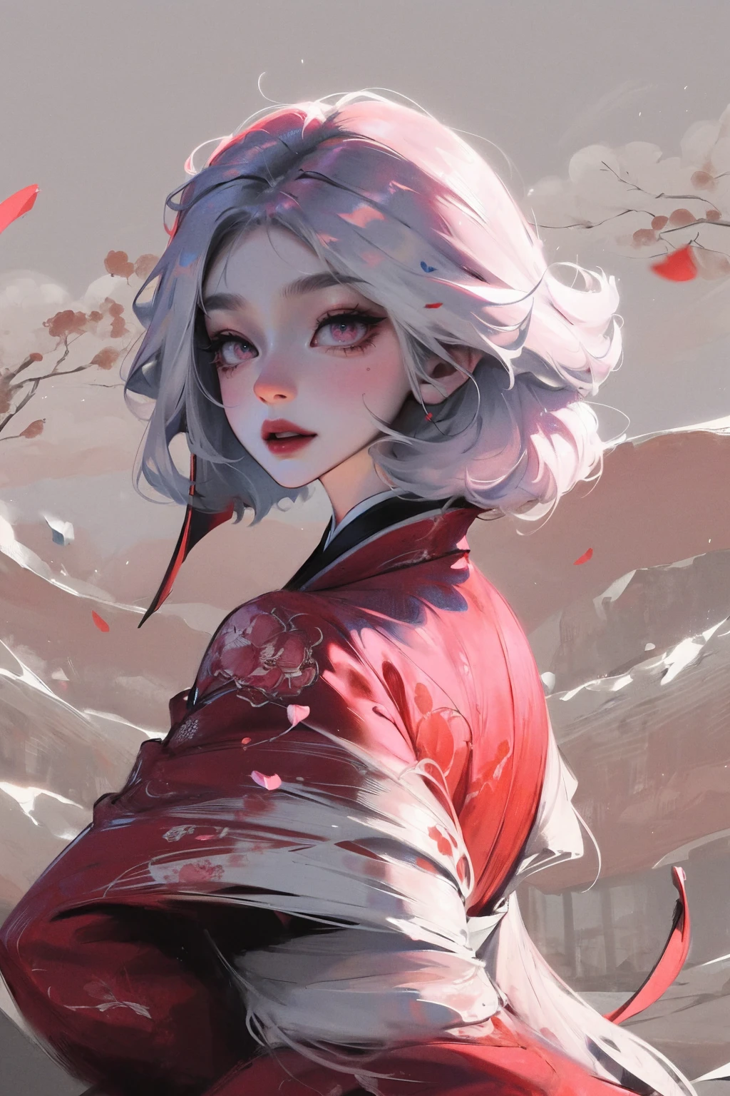 (Mythical Beast), Dynamic body shape, (Chinese Monster), Beautiful, Splattered ink, Chinese, 1 Girl, ((full body), ((2.5D)), Flowing hair, white hair, pink eyes, beautiful eyes, Delicate eyes, Delicate silhouette, art costume, (antique black and red brocade Hanfu), floral clothing, field of view, (masterpiece), front photo, white background, (poster), sharp, splash, cloud, petal, empty, sky, look at viwer, dinamic poses, backwards, looking back