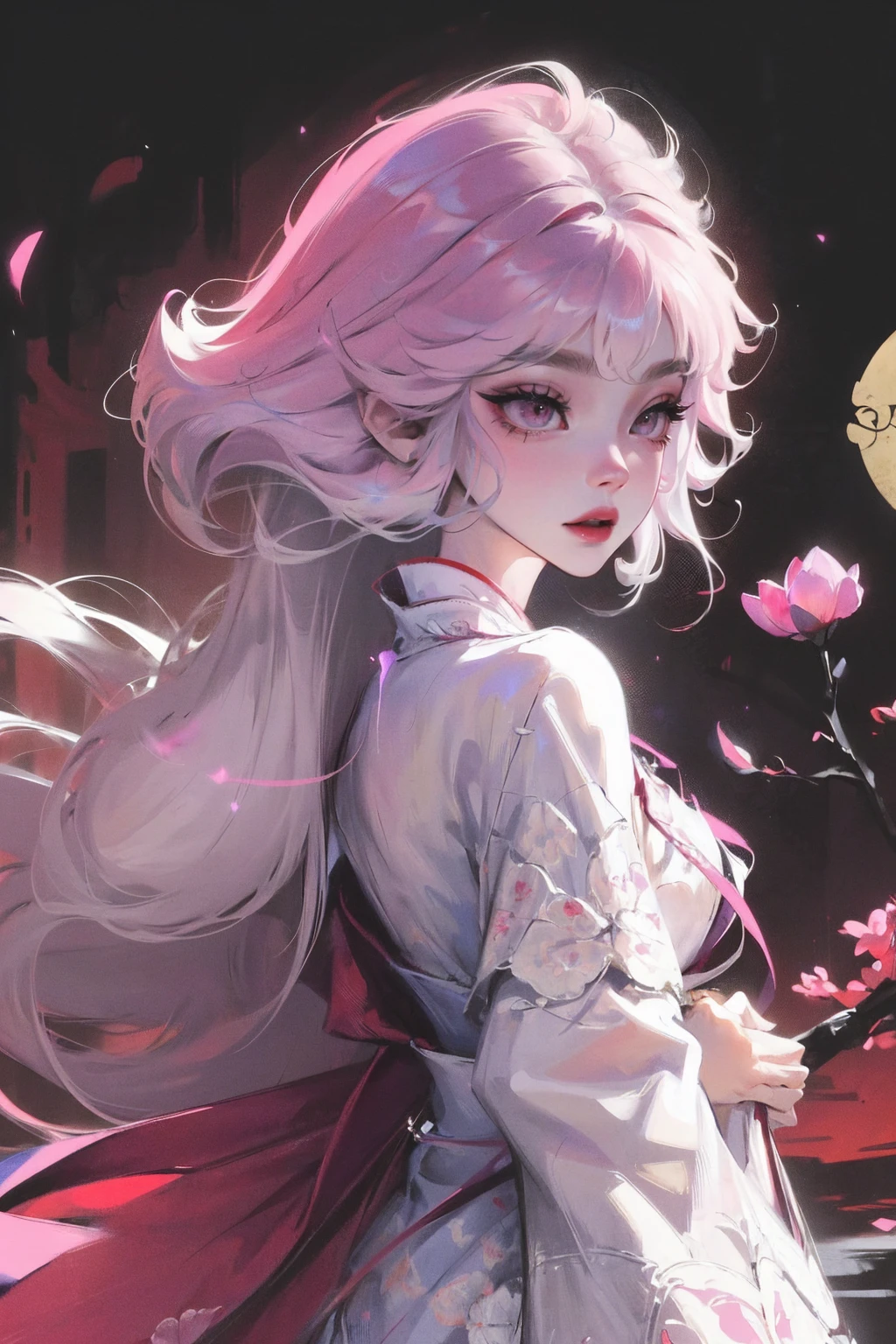 (Mythical Beast), Dynamic body shape, (Chinese Monster), Beautiful, Splattered ink, Chinese, 1 Girl, ((full body), ((2.5D)), Flowing hair, white hair, pink eyes, beautiful eyes, Delicate eyes, Delicate silhouette, art costume, (antique black and red brocade Hanfu), floral clothing, field of view, (masterpiece), front photo, white background, (poster), sharp, splash, cloud, petal, empty, sky, look at viwer, dinamic poses, backwards, looking back