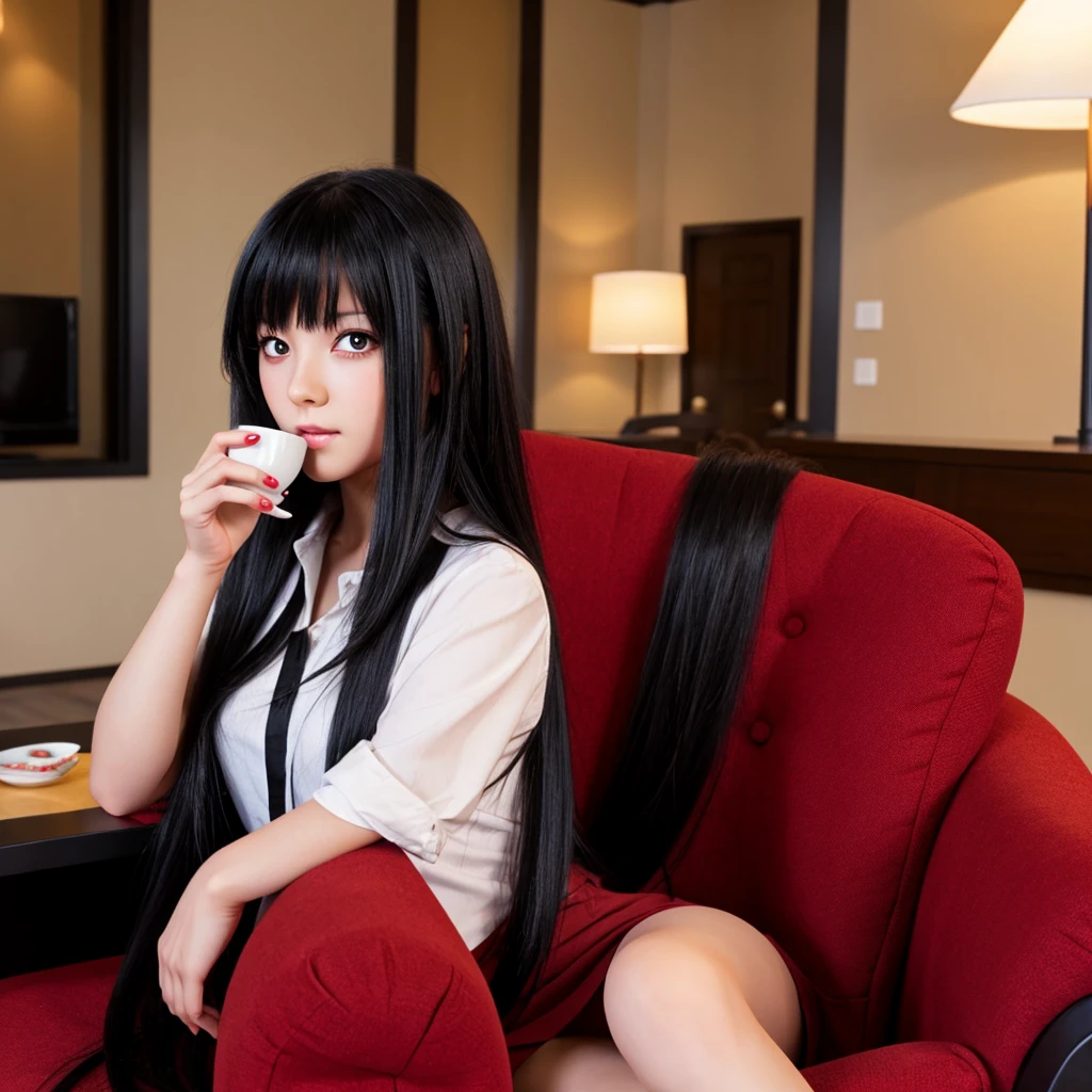 anime girl, long flowing black hair, crimson red eyes, sitting on a plush chair, drinking tea,