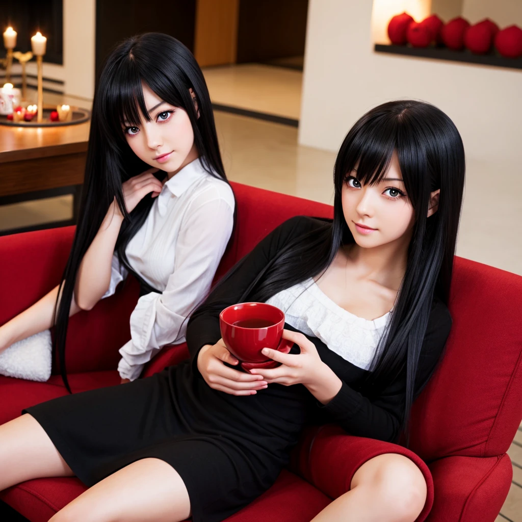 anime girl, long flowing black hair, crimson red eyes, sitting on a plush chair, drinking tea,