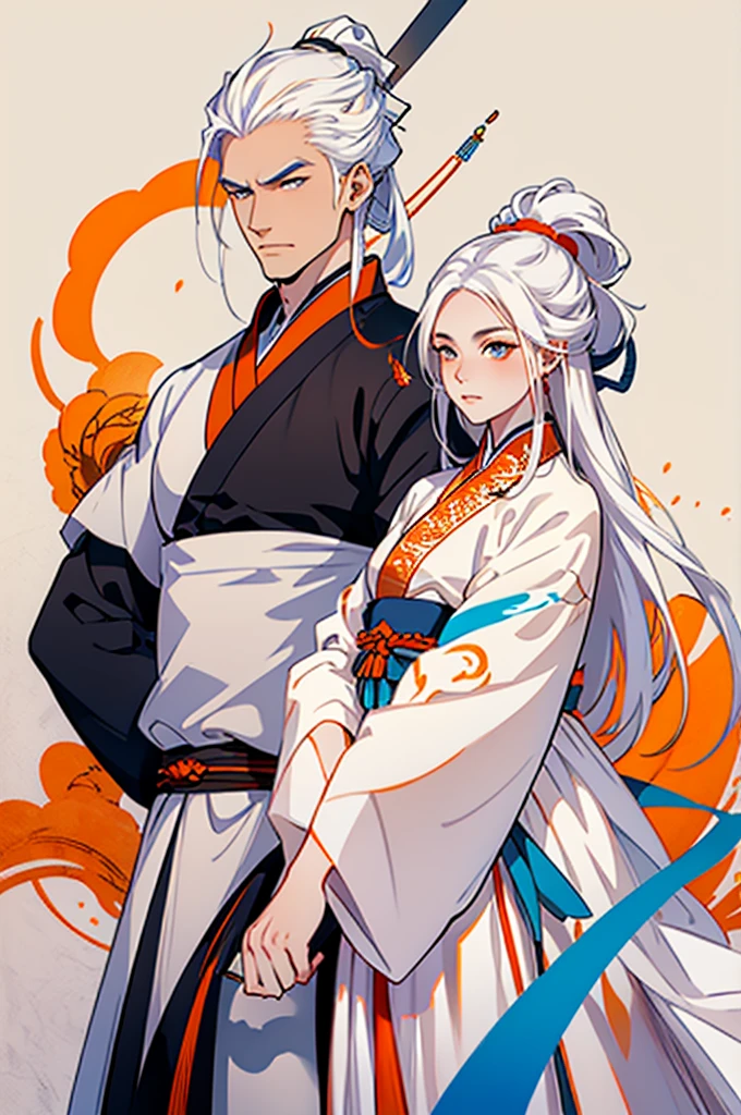 high quality , one white hair girl and one white hair boy, long hair, wuxia character, ((white clothes with blue and orange accent)), ink painting background, flat background, minimalist background, chinese wind pattern background,