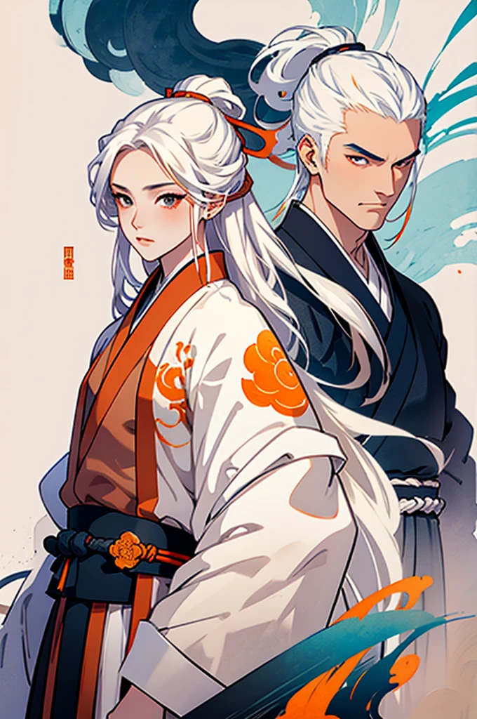 high quality , one white hair girl and one white hair boy, long hair, wuxia character, ((white clothes with blue and orange accent)), ink painting background, flat background, minimalist background, chinese wind pattern background,