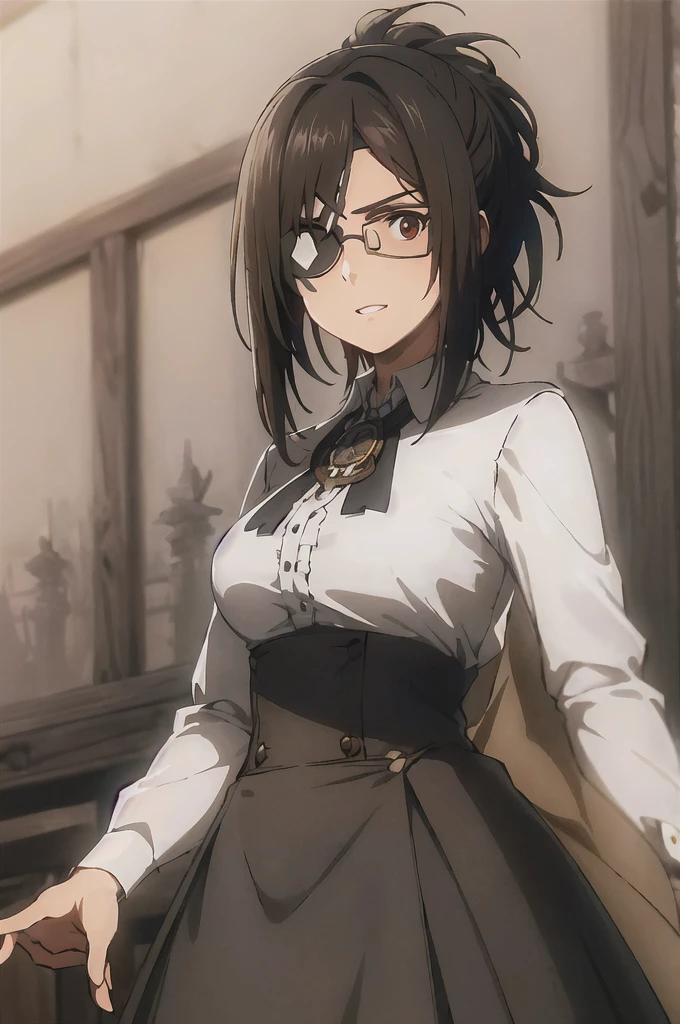 portrait of beautiful HangeAOT, 1girl, solo, black_hair, glasses, eyepatch, brown_background, volumetric lighting, best quality, masterpiece, intricate details, tonemapping, sharp focus, hyper detailed, trending on Artstation, ((traje detallado color negro)) (manos delicadas grandes sostendiendo corbata))