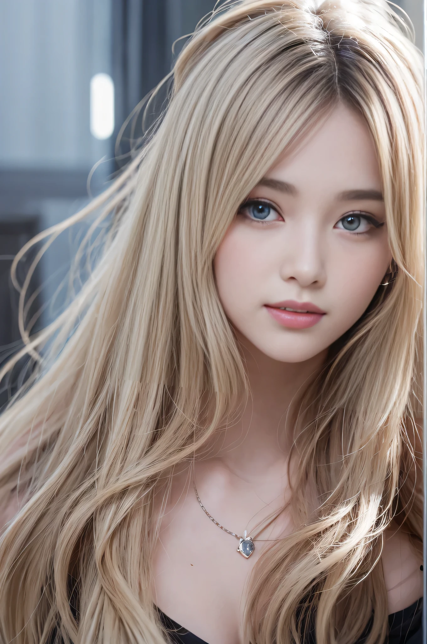 portlate、、Bright expression、Young, shiny, white skin、Great looks、Blonde reflecting light、Platinum blonde hair with highlights、Shiny bright hair、 Super Long Silky Straight Hair、Shiny beautiful bangs、Bright, clear, attractive, large blue eyes、Very beautiful, lovely and cute 16 year old girl、Medium sized breasts、smile、