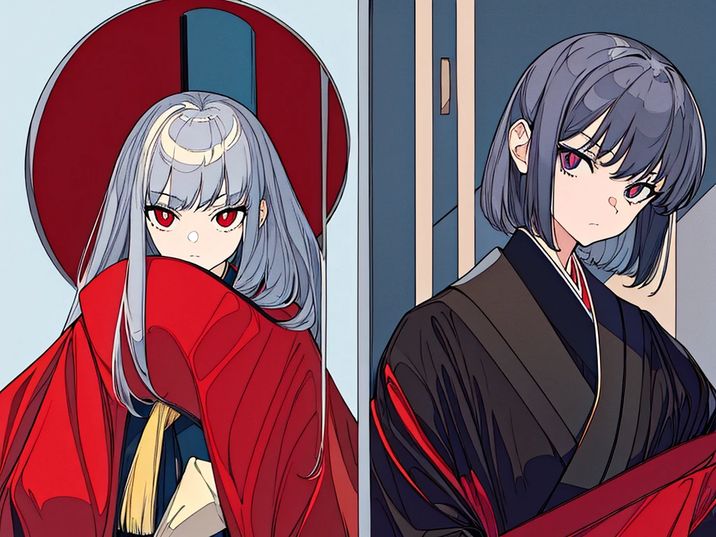 masterpiece, best quality, Flat Color,Low contrast, (Clear lines),sideways, contour,1 Girl,poker face,Black Kimono,serious,coat,Gray hair,Red pupil,No Expression,