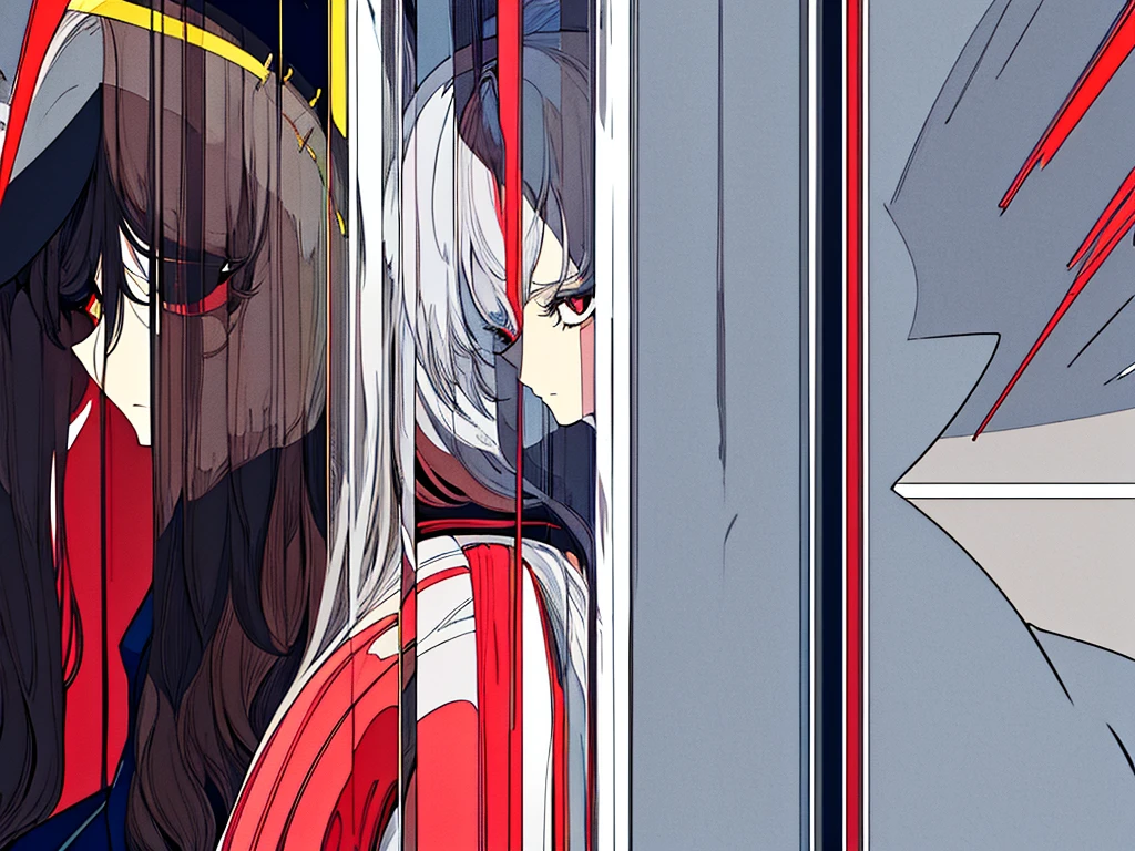 masterpiece, best quality, Flat Color,Low contrast, (Clear lines),sideways, contour,1 Girl,poker face,Black Kimono,serious,coat,Gray hair,Red pupil,No Expression,