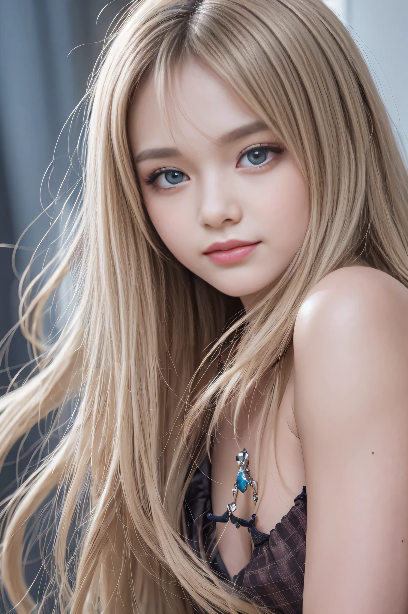 portlate、、Bright expression、Young, shiny, white skin、Great looks、Blonde reflecting light、Platinum blonde hair with highlights、Shiny bright hair、 Super Long Silky Straight Hair、Shiny beautiful bangs、Bright, clear, attractive, large blue eyes、Very beautiful, lovely and cute 16 year old girl、Medium sized breasts、smile、