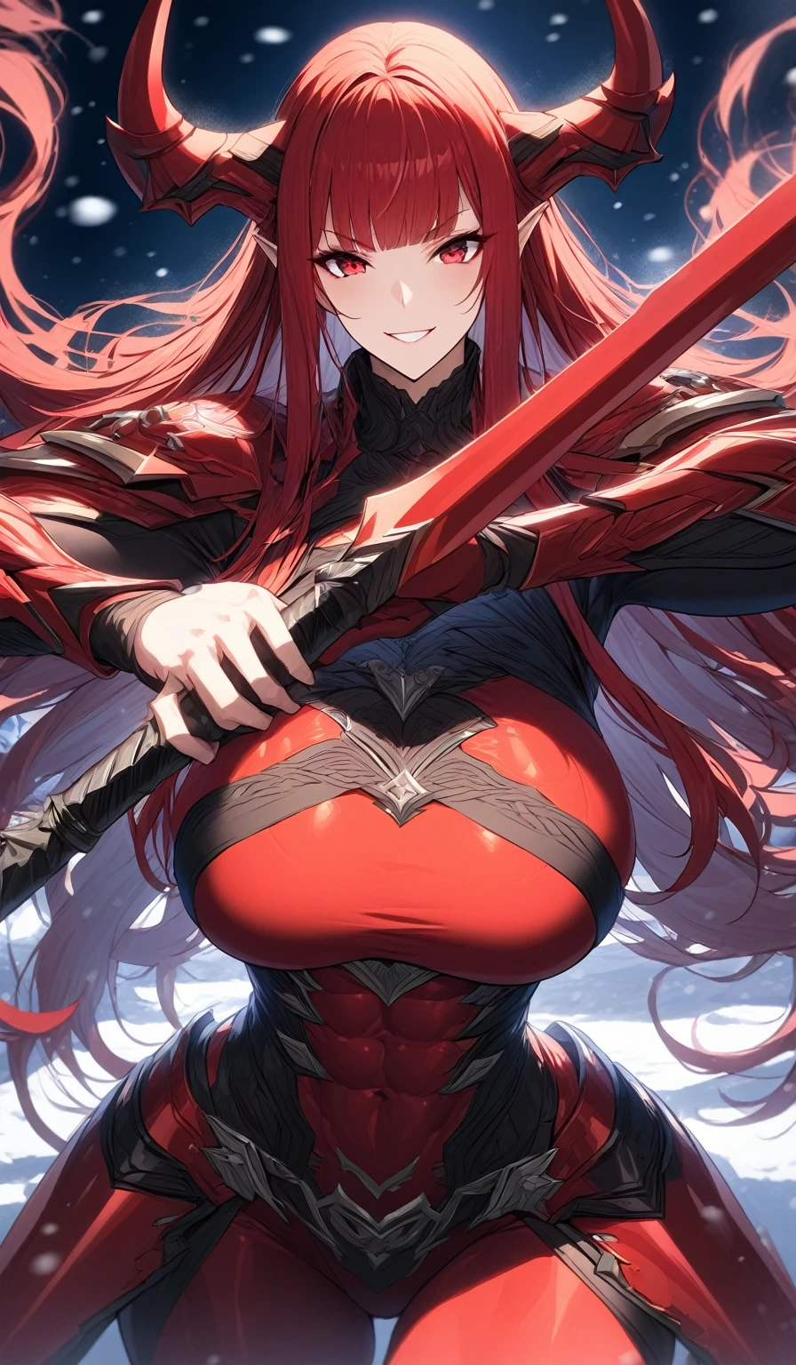 Masterpiece, very detailed, ultra detailed, one, (1 woman), athletic and embossed body, six pack abs, she is in futuristic red armor with bright black details, with a large and detailed spear, in a stable and fighting position, super mature, tall, mom, mature mother, long hair, straight hair and straight bangs, bright red hair, red demonic horns, beautiful, charming, blood red eyes, elegant, big breasts(huge), wise smile, charming, against the background of snow, ice and winter.