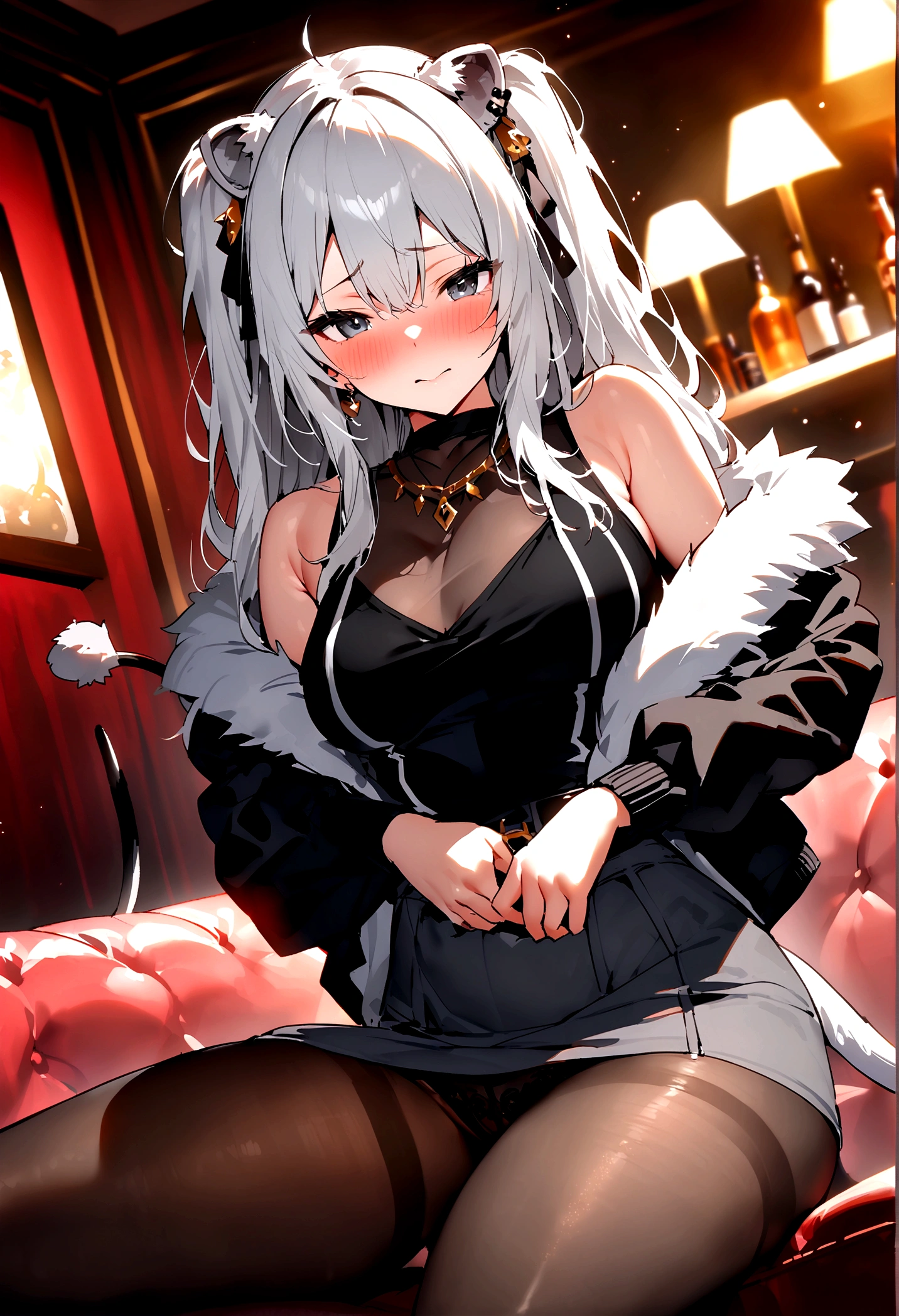 NSFW,masterpiece,Highest quality,High resolution,Super detailed,Shishirabotan\(Hololive\),Long Hair、Two Side Up、Earrings、Lion's Tail,necklace、Black Shirt、Sleeveless shirt、abdomen、See-through、Grey Skirt、片足pantyhose、pantyhose、fur-trimmed jacket、Black jacket、Off the shoulder,Black sexy panties,Embarrassed,blush,Luxurious Room,pub,Private room,sofa,(Drunk),(Intoxication),Sitting,heart,Sexy pose,Panty shot,(Strong-faced men),(男性が隣にSitting),(A man puts his hands on her waist and hugs her),to kiss