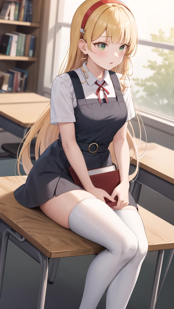 masterpiece, best quality, highres, ssumire1, hairband, long hair, solo, white thighhighs, , red ribbon, neck ribbon, grey dress, blunt bangs, pinafore dress, white shirt, short sleeves, collared shirt, medium breasts, sitting, classroom, desk, book,