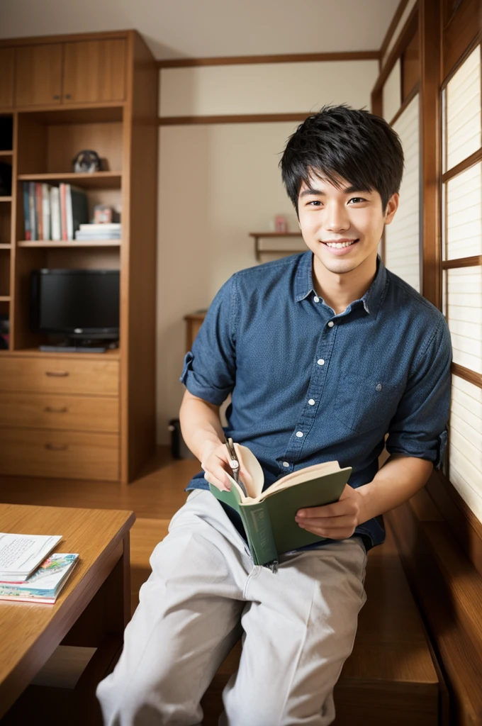 reading，male，24-years-old，Japanese-style room，smile