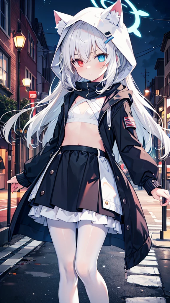 White pantyhose,White hair,Long hair,Cat ear,Heterochromia blue-red,Serious expression,Female face,There are bright spots in the eyes,flat chest,Gray-black coat,With a hood,blue halo,night,street,moon,hood up