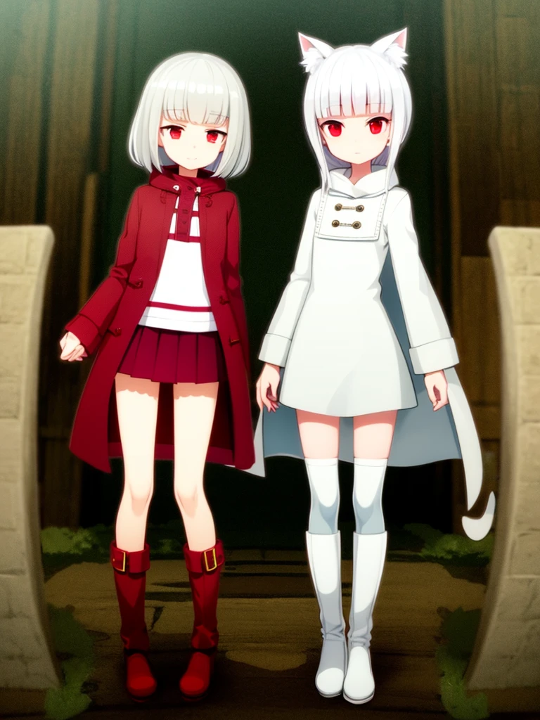 White silk knee socks，Short skirt，Boots，Lining，Big coat，White hair，Red eyes，Cat girl，small headdress
