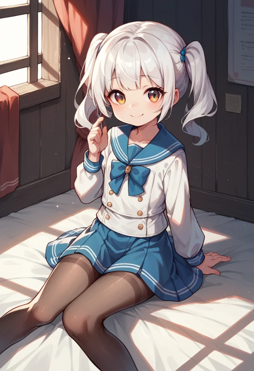 pantyhose,,sailor,dress,cute,sitting,white hair,smile,twintails