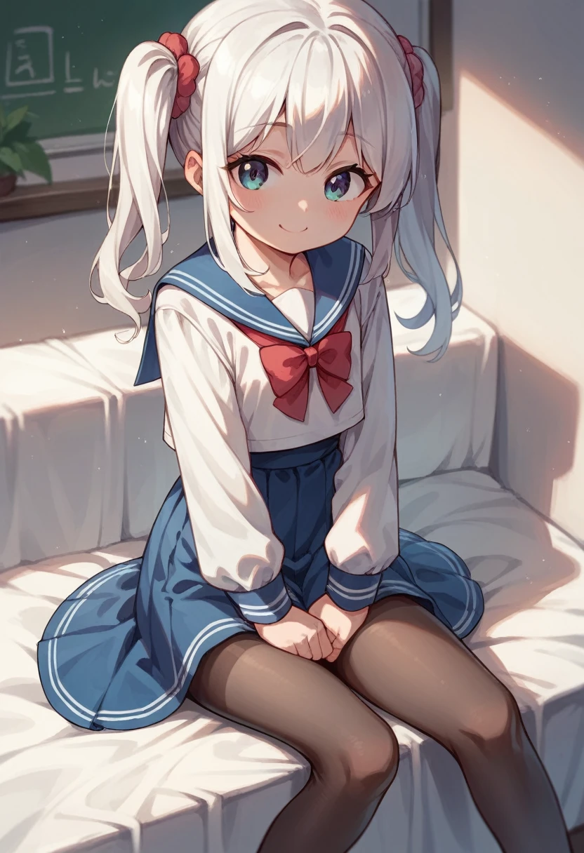 pantyhose,loli,sailor,dress,cute,sitting,white hair,smile,twintails