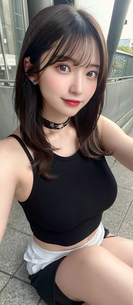 (realistic, high resolution:1.3), (face close up), 1 girl with perfect figure, super fine face and eyes, black hair,medium hair, tank top: 1.2 in random colors, short、skirt, bridge, big breasts, cleavage, choker, smile、selfie