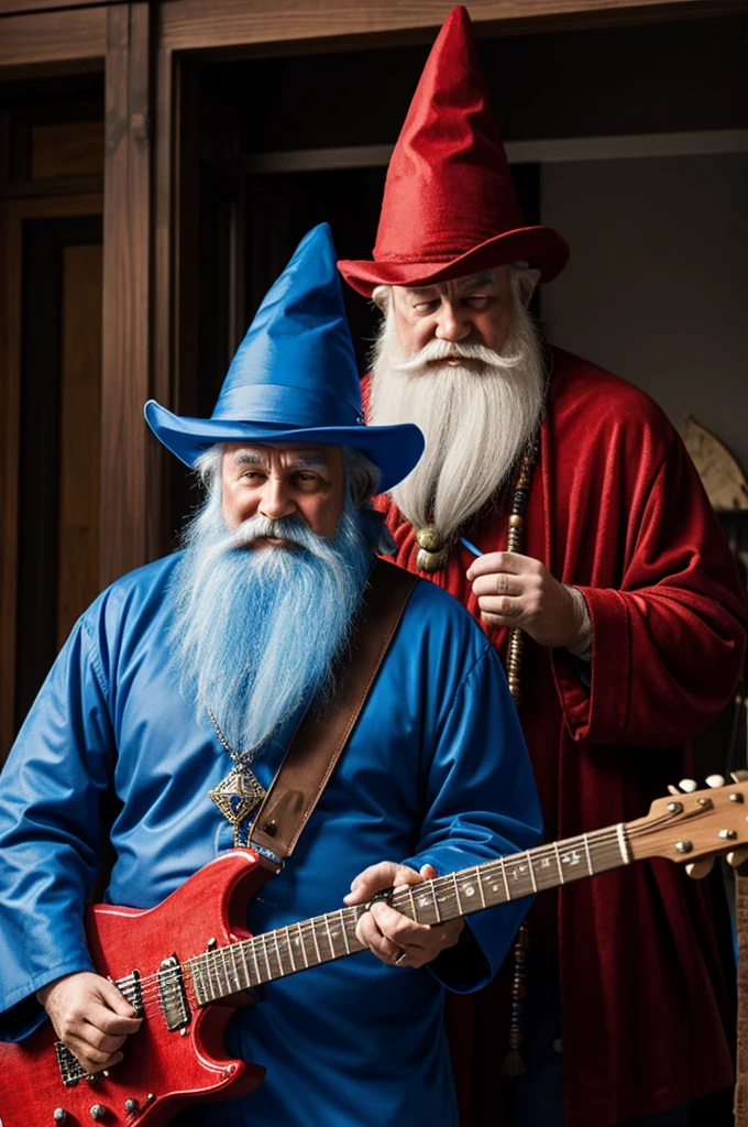 A blue sorcerer playing the electric guitar while a red-hatted nome watches him in admiration