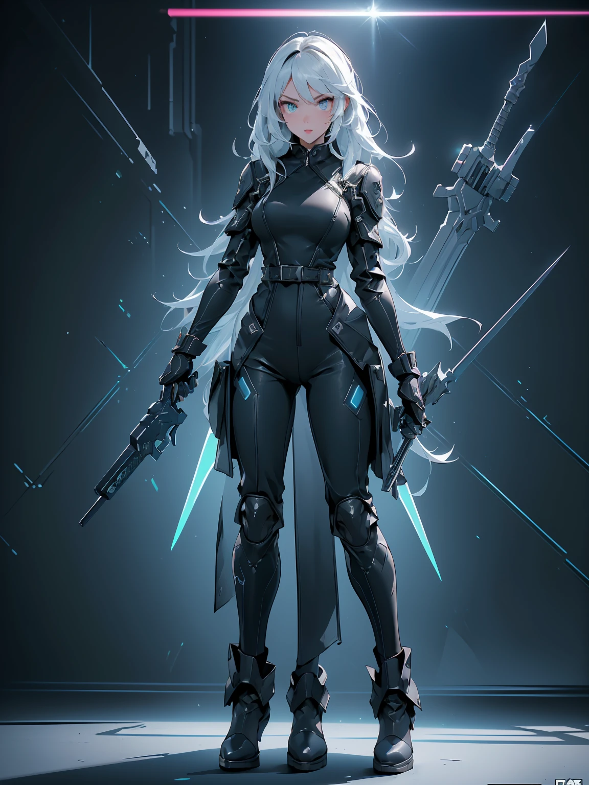 Design a layout showcase Gaming character, (1girl). Black+Silver clothes, sleek and modern, ((showcase weapon:1.4)), laser gun, (masterpiece:1.2), (best quality), 4k, ultra-detailed, (Step by step design, layout art:1.5), (neon lighting, cyber ambiance), cyberpunk, ((tech gloves)), (((revealing jumpsuit:1.3))), tech armor, combat boots, (((full_body_shot:1.4)))