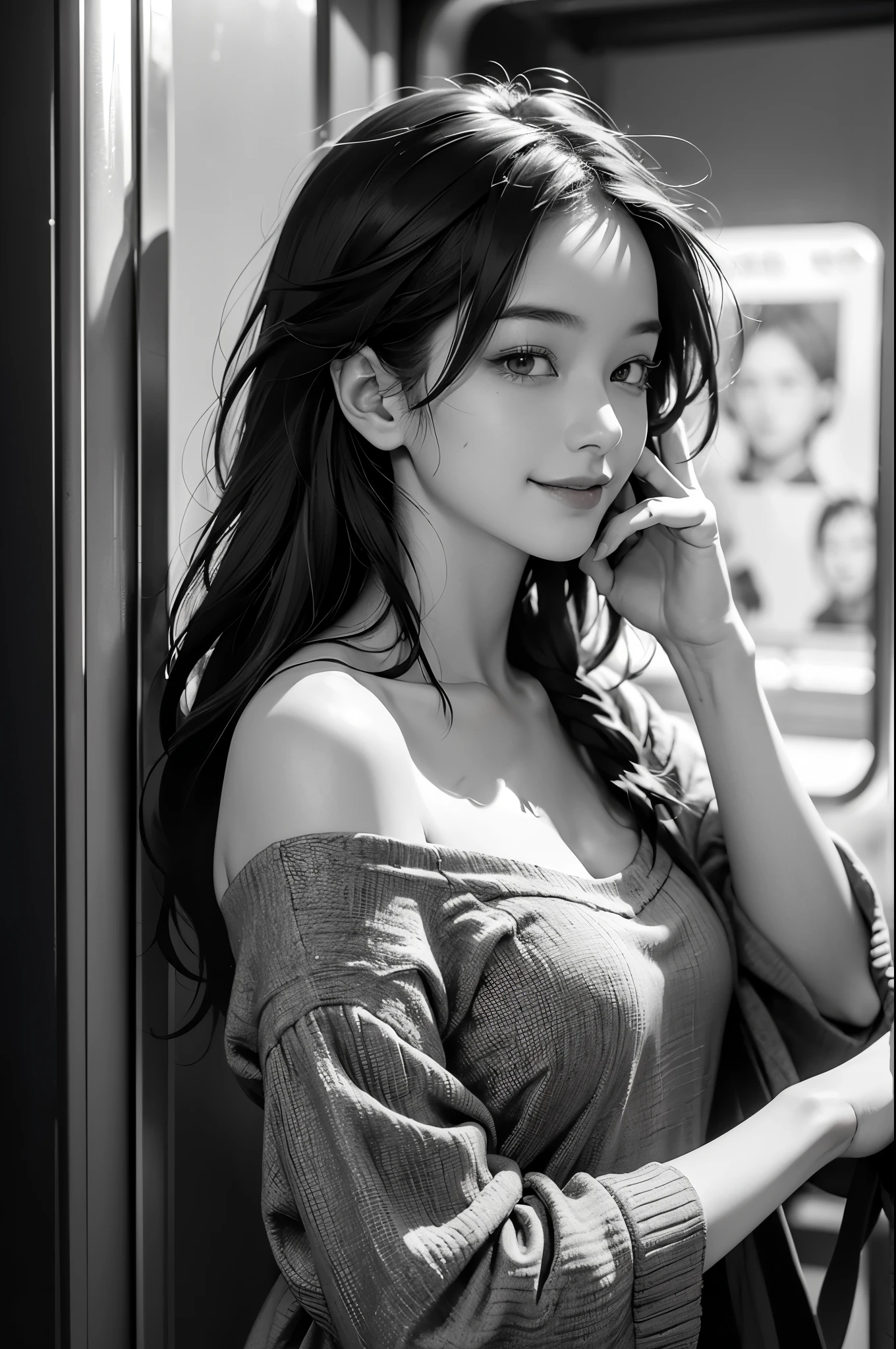 best quality, masterpiece, Ultra-high resolution, (Reality:1.4), RAW photos, ((monochrome)), ((Grayscale)), Black and White Photography, Street Photography, Popular on Flickr, 1 Girl, Off-shoulder, in the darkness, Deep Shadows, Low profile, Cold Light, In-depth contrast, Bokeh, Depth of Field, (Looking at the audience, Smile gently), A photo of a person holding a mobile phone in a subway car, Graffiti all over the wall, Drew Tucker, Award-winning photos, Black and white photo, New Doctrine, Background crowd, People in the background, ((Upper Body)), ((Direct)),