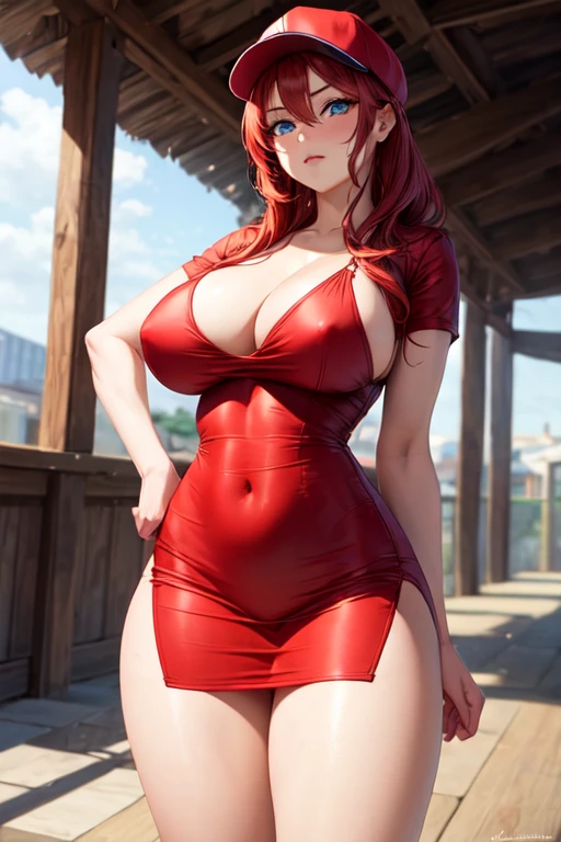 realist, 1 girl,red hair with a cap,big red dress,blue eyes,big legs,and big and pretty breasts