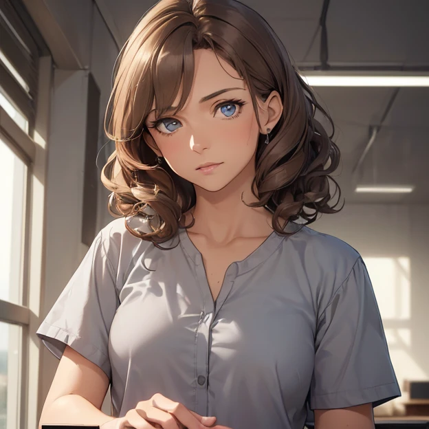 (master piece, best high quality image, very good detailed image, very good detailed character, very good detailed background, very detailed textures, carefully detailed and textures, character alone)
{{((1:character: 46 years old light-brown hair principal woman, (fair skin, light-blue eyes, short, medium curly light-brown hair, calm face, indiferent demeanor), (grey shirt), (high school principal office))}}