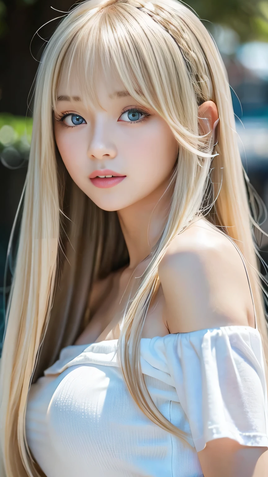 Silver Shiny Hair、Super long straight silky hair、Dazzling blonde, super long, silky hair、 cute little beautiful face、Beautiful girl、A radiant blonde dancing in front of a beautiful face、length, Silky bangs that cover the area between the eyes、so beautiful, bright, big, bright青い目、Very big eyes、Hair that hides the face、Sexy and cute young woman with super long bangs、Very white skin、Cheek Gloss Highlighter、Small Face Beauty、Primary color off-shoulder t-shirt、Ample Bust