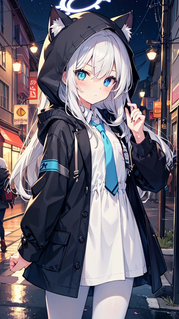 White pantyhose,White hair,Long hair,Cat ear,Heterochromia blue-red,Serious expression,Female face,There are bright spots in the eyes,flat chest,Gray-black coat,With a hood,blue halo,night,street,moon,hood up,Put on a mask